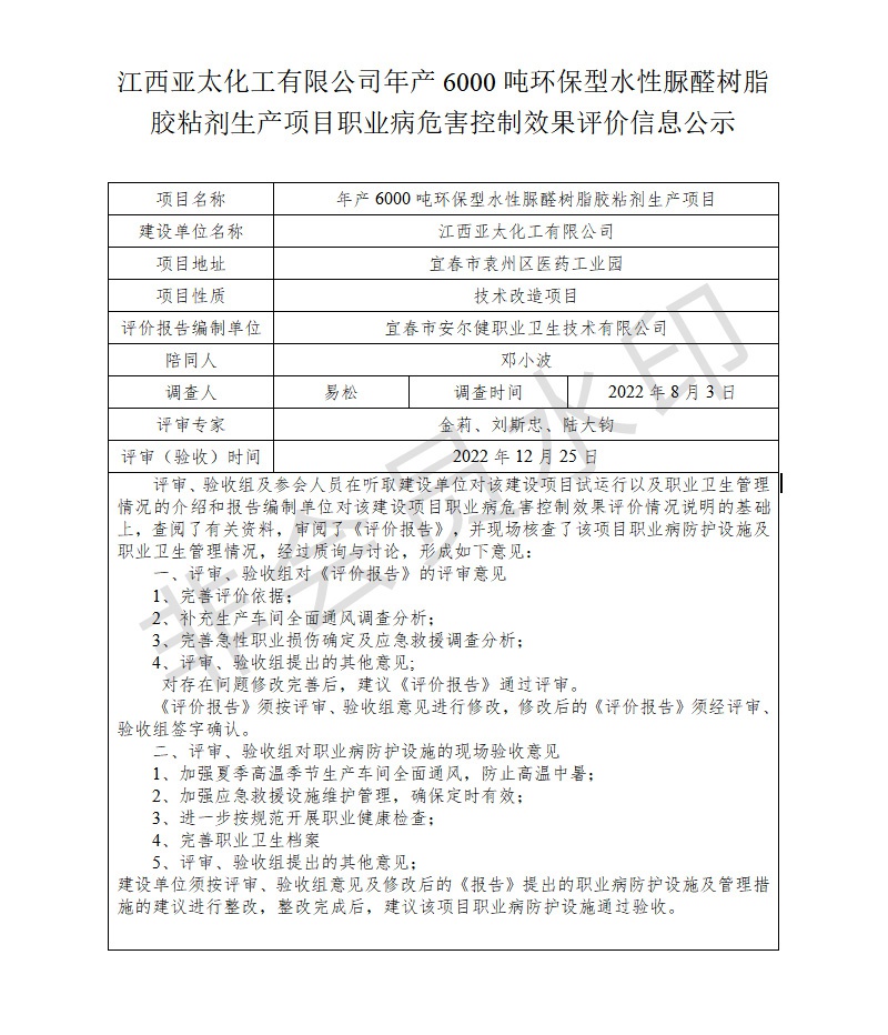 江西亞太化工有限公司年產6000噸環(huán)保型水性脲醛樹脂膠粘劑生產項目職業(yè)病危害控制效果評價信息公示.jpg